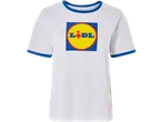 White t-shirt with blue trim on the collar and sleeves, featuring a large circular logo with blue text on a yellow background.
