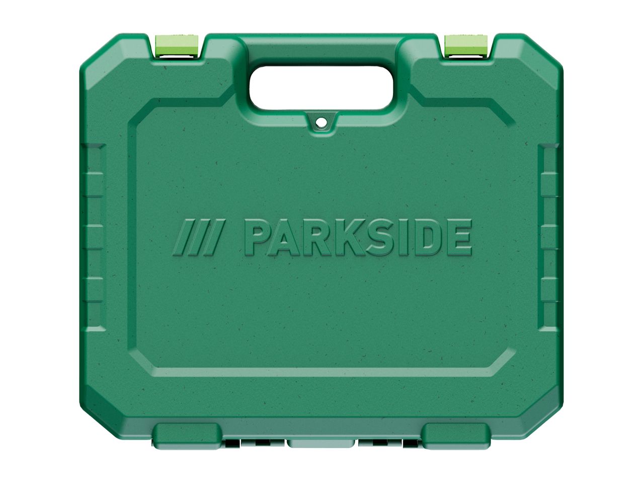 Green tool case with a handle and latches, featuring a textured surface.