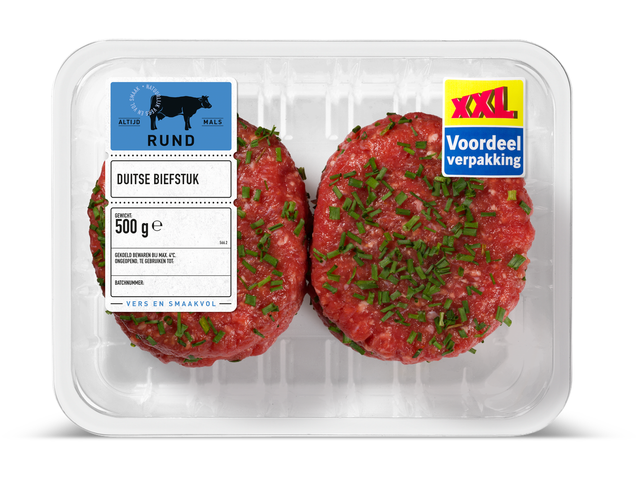 Verpakking met twee Duitse biefstukken, 500g, bestrooid met bieslook