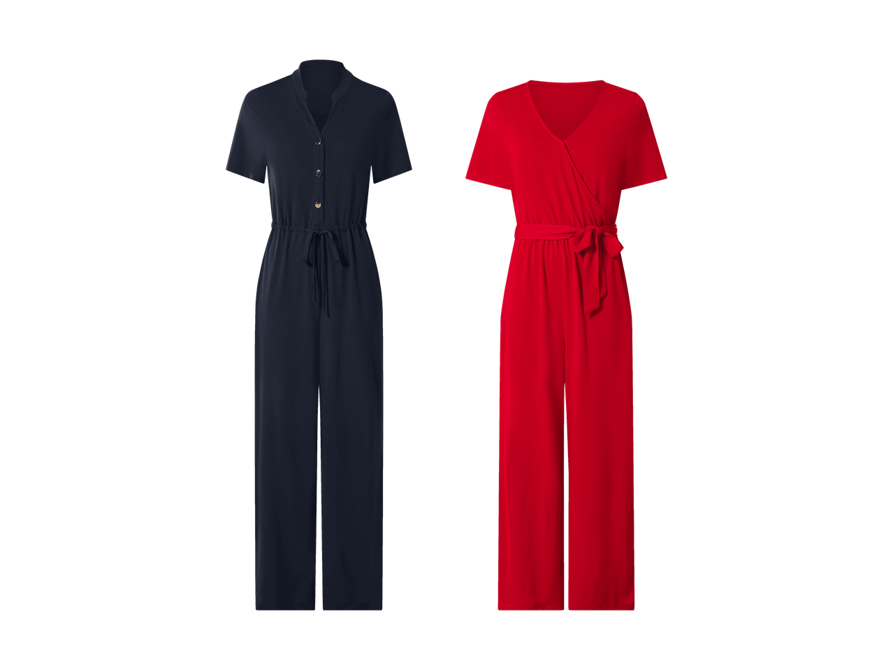 Zwei Damen-Jumpsuits, einer in Marineblau mit Knöpfen und Kordelzug in der Taille, der andere in Rot mit V-Ausschnitt und Gürtel.