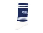 Blue and white striped athletic sock with text on the side