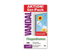 Packung Fliegenblumen mit der Aufschrift „AKTION! 6er-Pack“ und „Rückstandsfrei ablösbar, haftet ohne Klebstoff!“