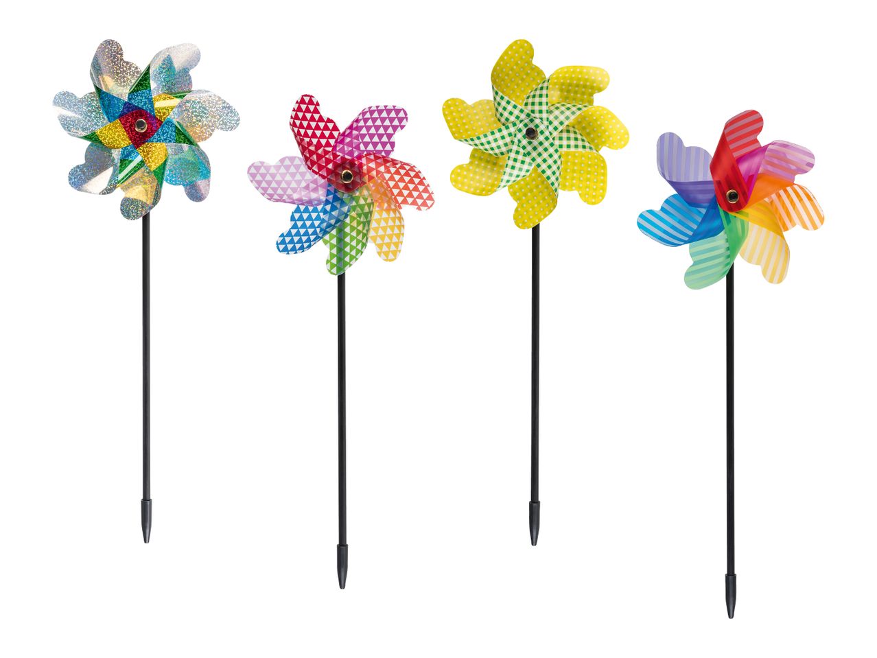 Vier bunte Windräder mit verschiedenen Mustern, darunter Glitzer, Dreiecke, Punkte und Streifen.