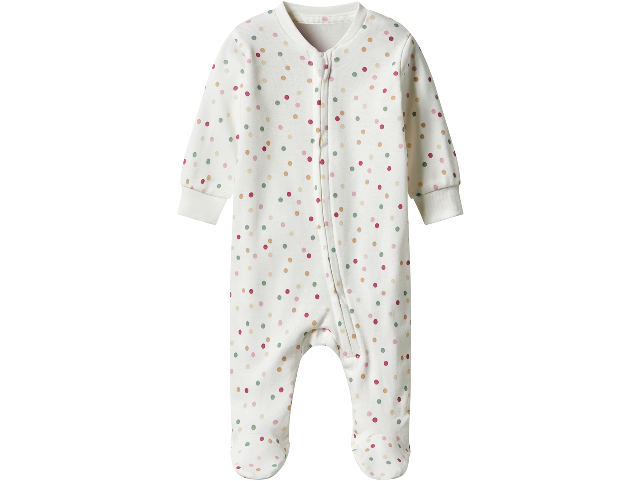 Lupilu baby sleepsuit in white with colorful polka dots and a full-length zipper.