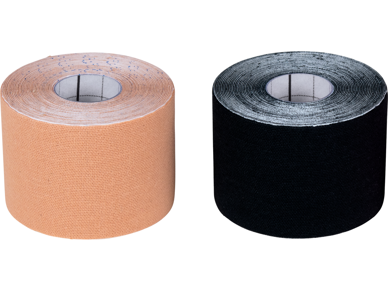 Twee rollen sensiplast® Kinesiologie-tapes: één beige en één zwart.