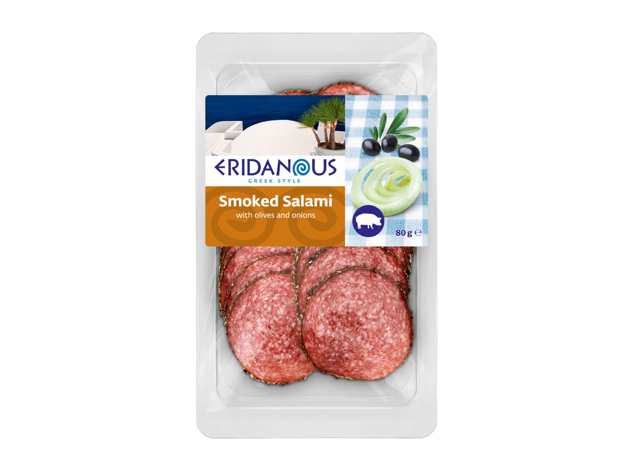 Smoked salami with olives and onions in a clear plastic package