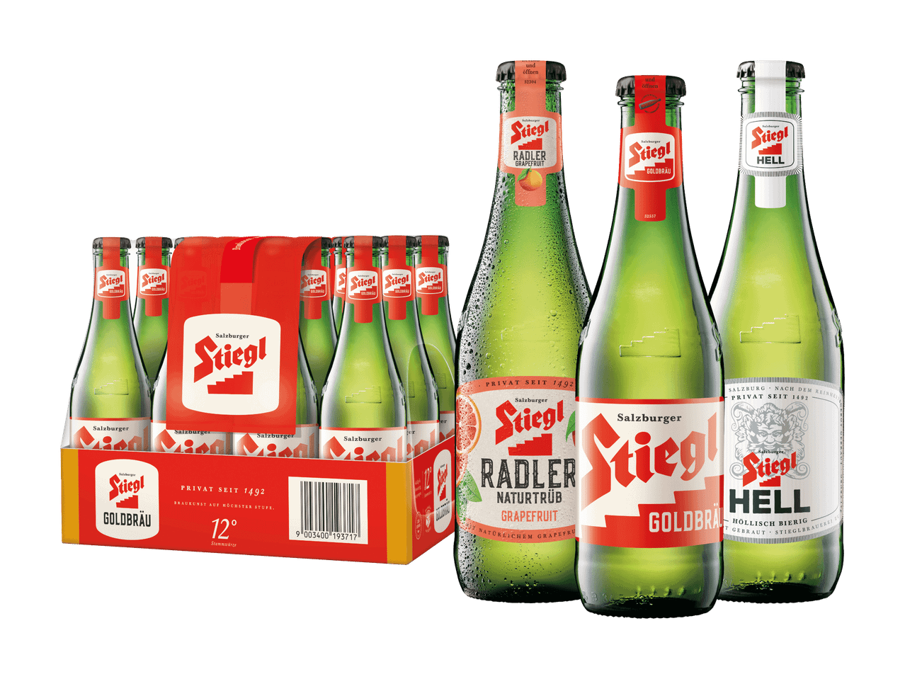 Verschiedene Flaschen und ein 6er-Pack Bier, darunter Grapefruit Radler und Helles.