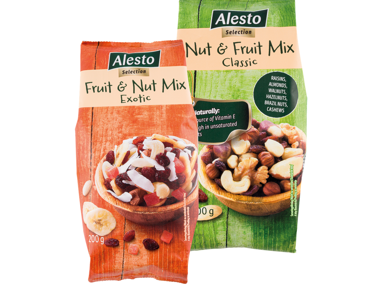 Alpino frukt- och nötblandningar: Klassisk och tropisk.