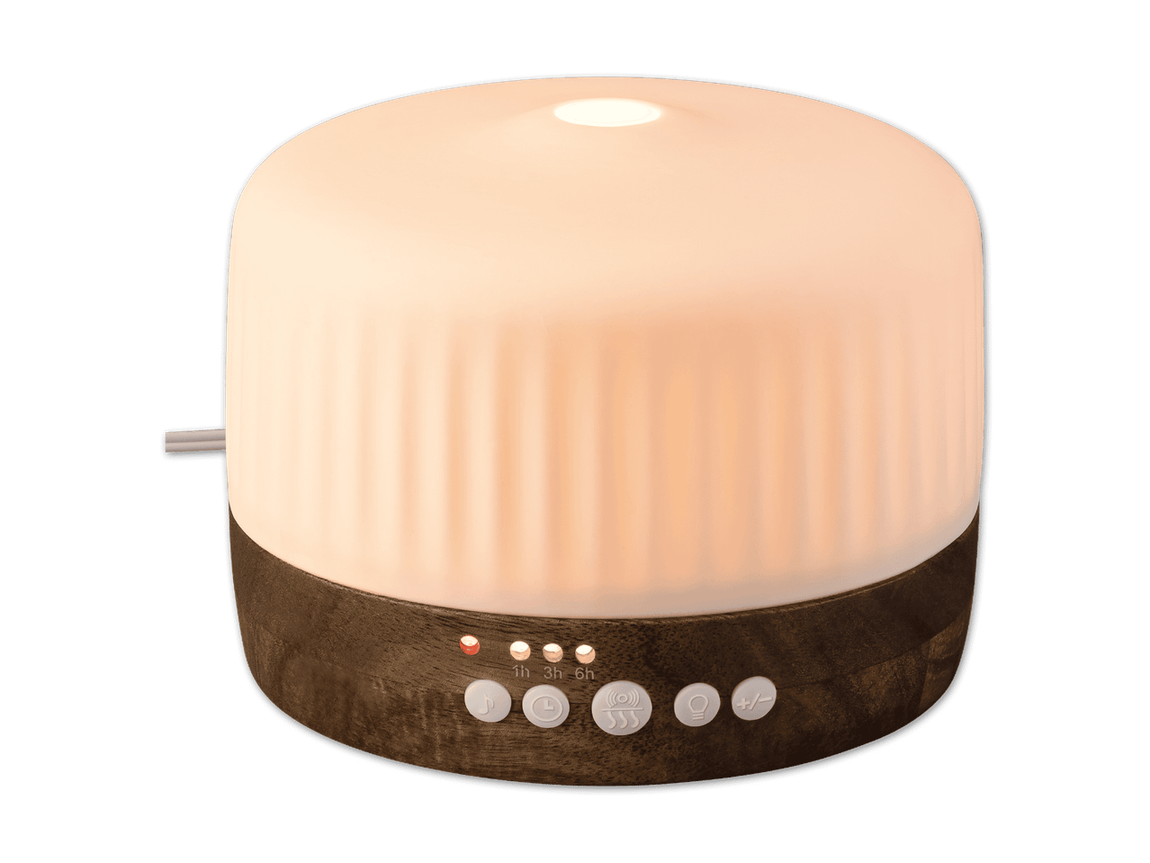 Beleuchteter Aroma-Diffuser in Holzoptik mit Tastensteuerung.