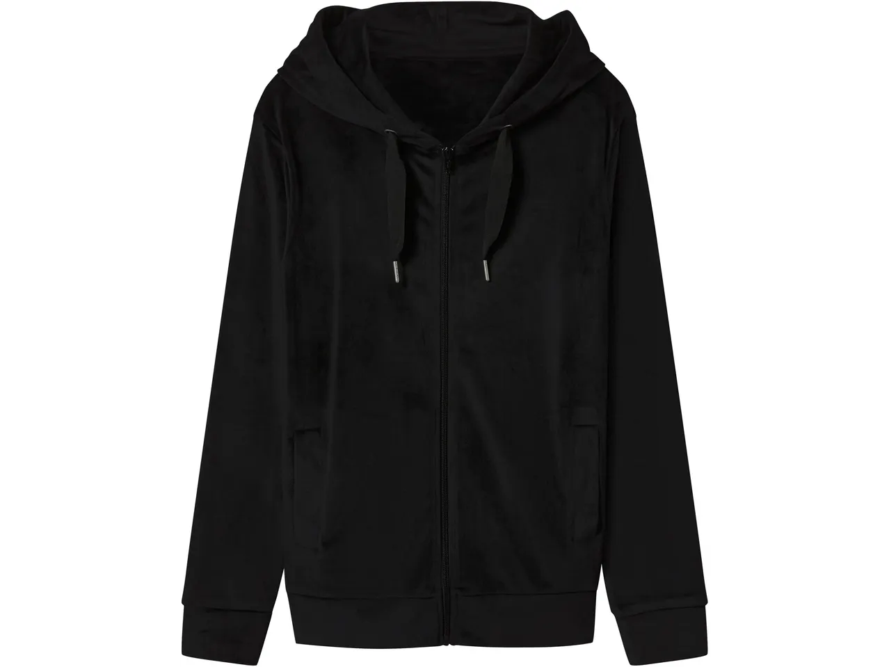 Svart velourhuvtröja med dragkedja.