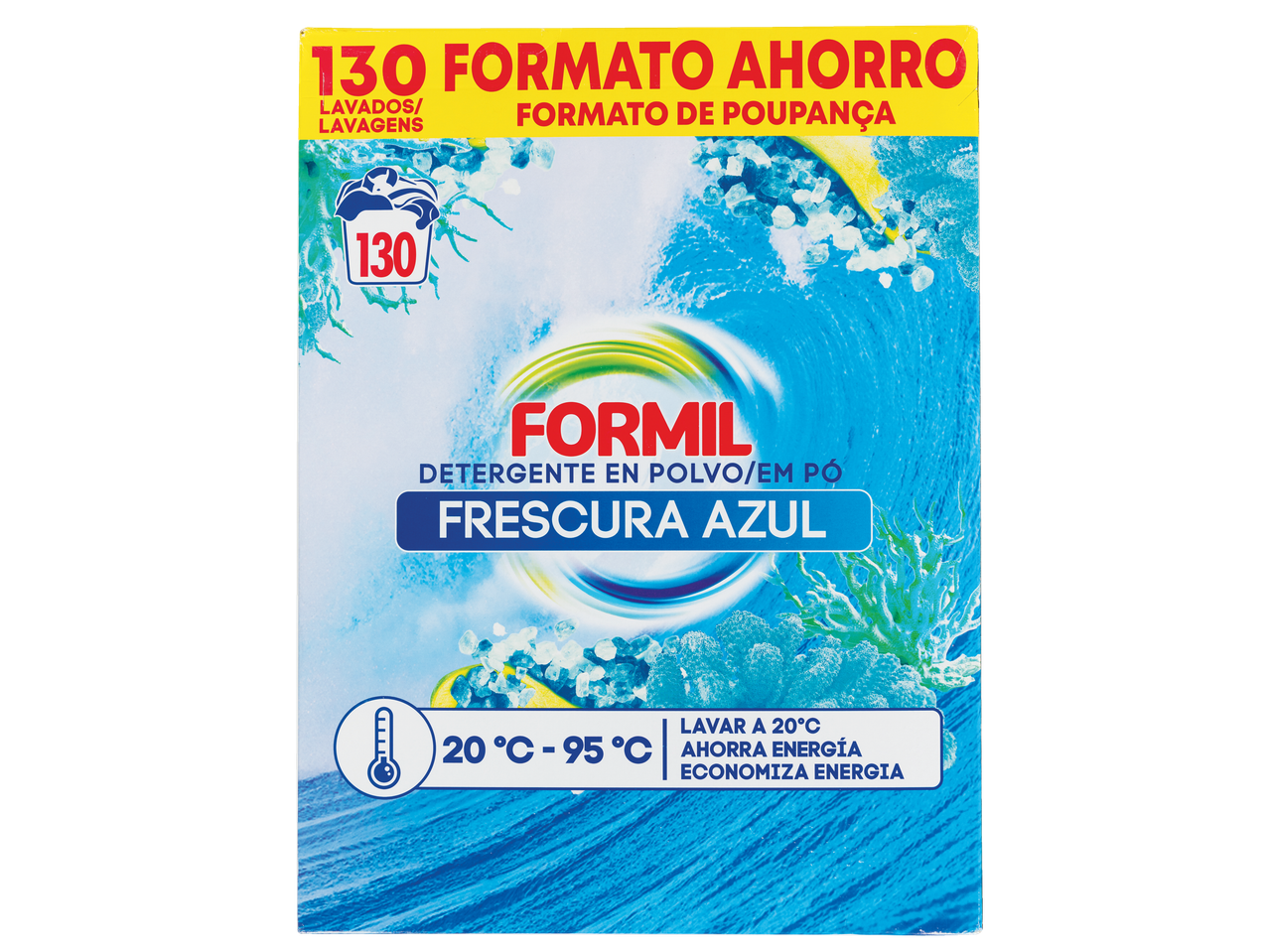 Detergente em pó Formil Frescura Azul, 130 lavagens, economia de energia.