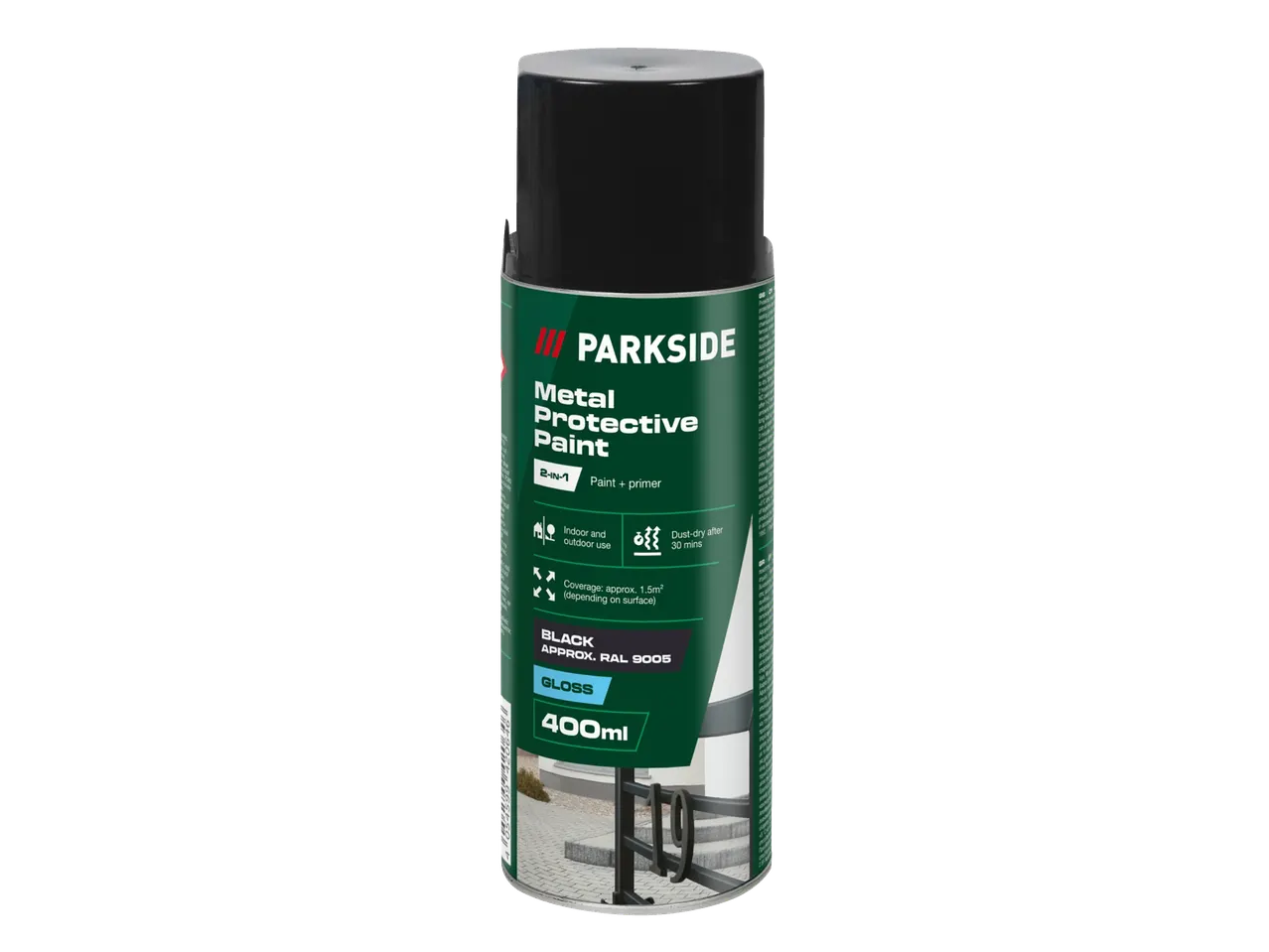 PARKSIDE Metal Protective Paint sprej, crni, 400ml, sjajni, za unutrašnju i spoljašnju upotrebu.
