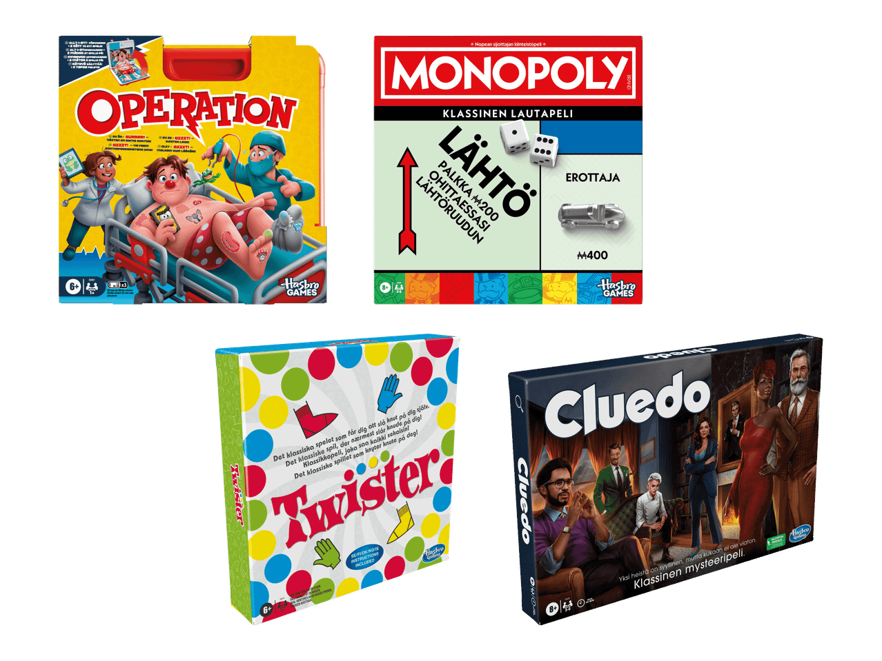 Neljä lautapeliä: Operation, Monopoly, Twister ja Cluedo.