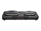 Black double hot plate with two burners, two control knobs, and two red indicator lights.