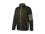 Dunkelgrüne Herren-Fleecejacke mit orangefarbenem Reißverschluss und Ärmeltasche.