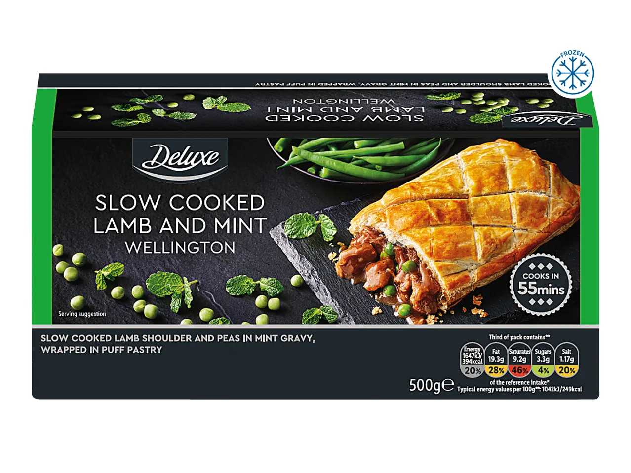 Frozen slow-cooked lamb and mint Wellington in puff pastry, with nutritional information.