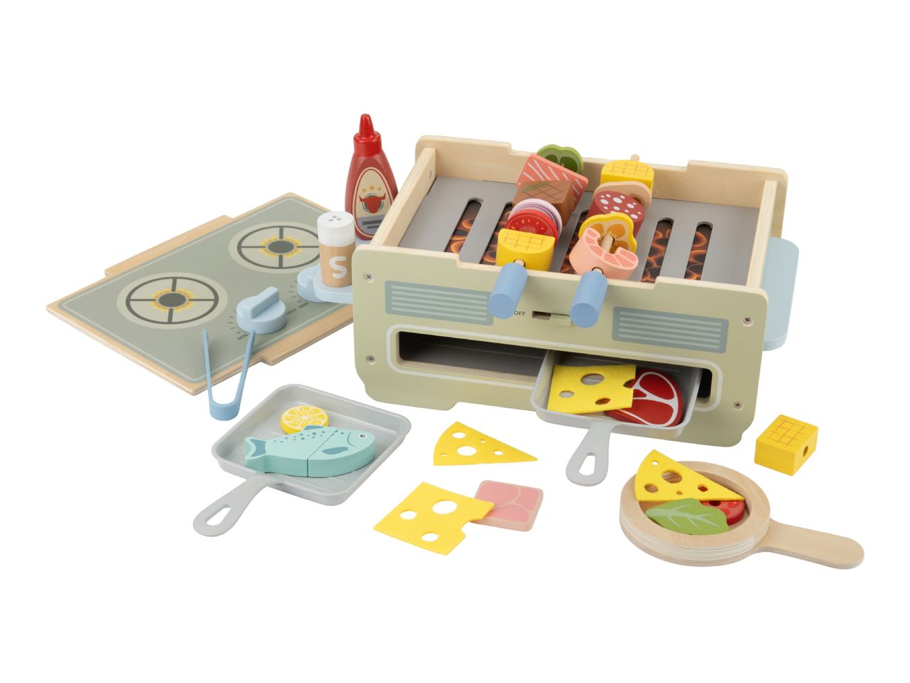 Wooden toy barbecue grill with skewers, food, and cooking accessories.