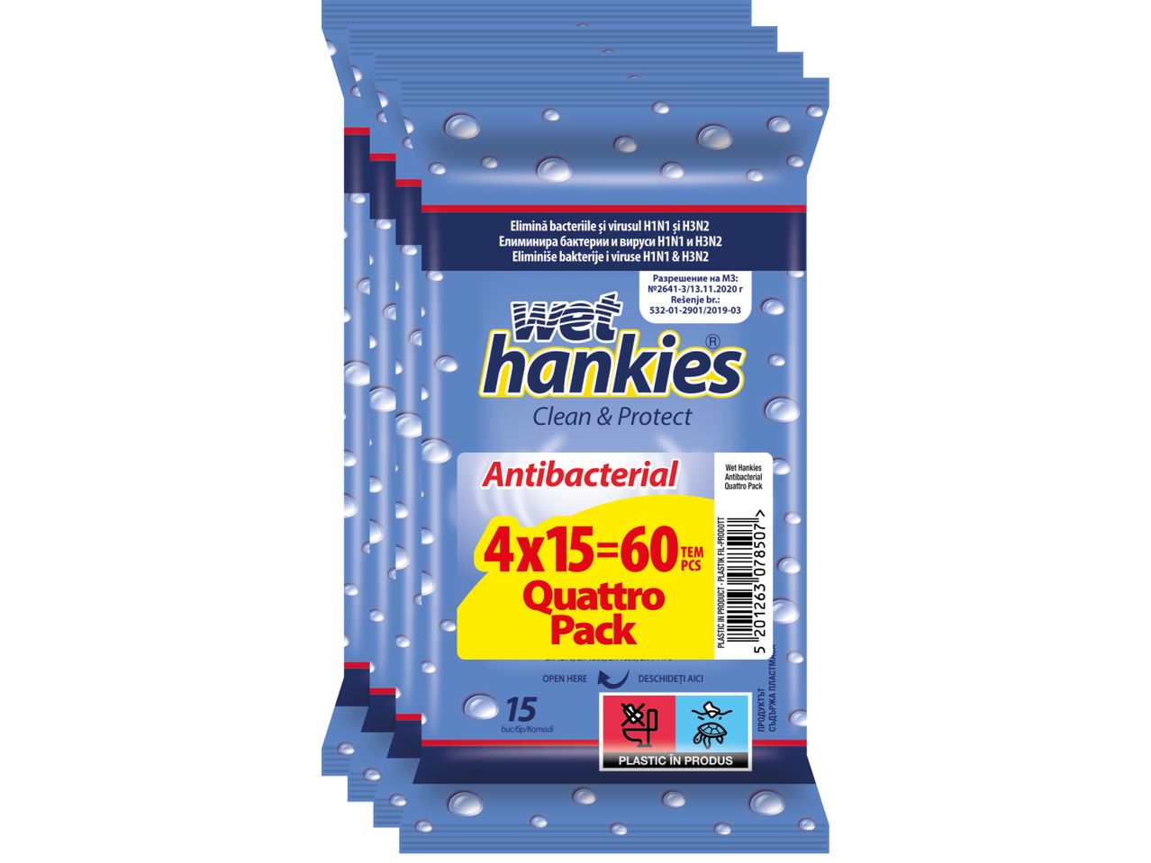 Опаковка от 4 пакета мокри кърпички Pocket Hankies.