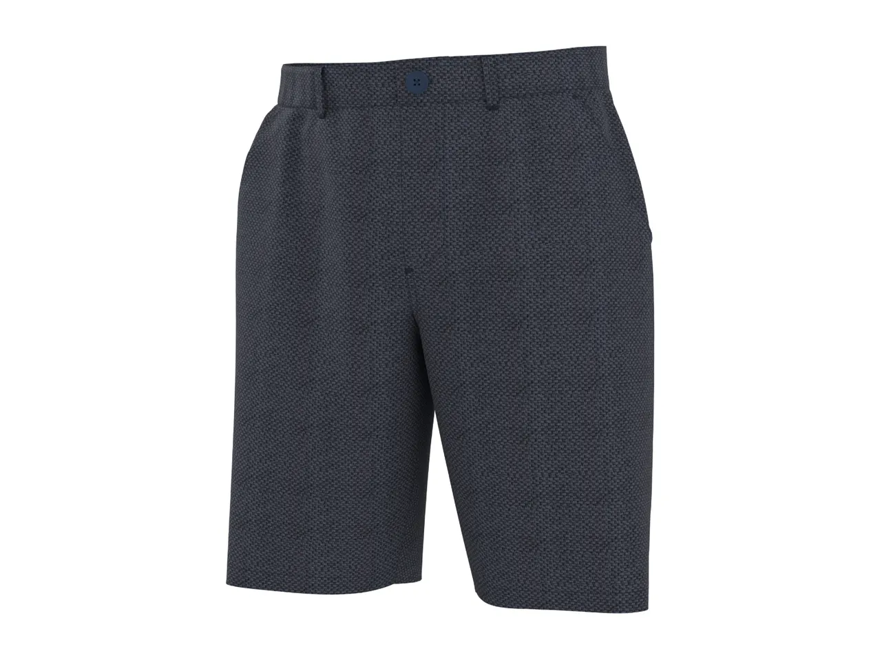 Men's dark blue patterned shorts with a button closure