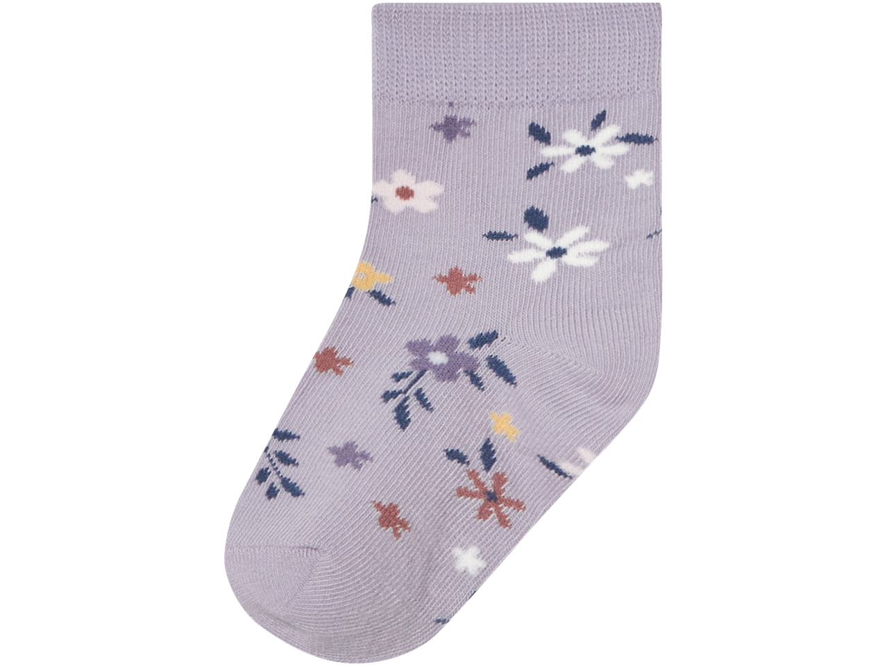 Lavender baby socks with a floral pattern.