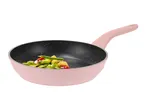 Pink frying pan with a speckled non-stick coating, containing stir-fried vegetables.