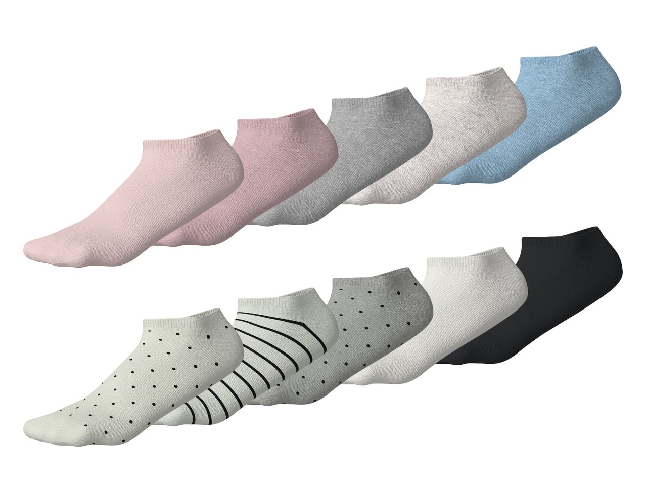 Zwei Reihen von Socken in verschiedenen Farben und Mustern, darunter einfarbig, gepunktet und gestreift.
