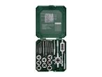 A tap and die set in a green case, featuring various taps, dies, and thread gauges.