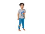 Smiling boy in a grey t-shirt with a dinosaur print and blue sweatpants.