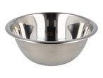 Stainless steel mixing bowl with a polished finish, isolated on a white background.