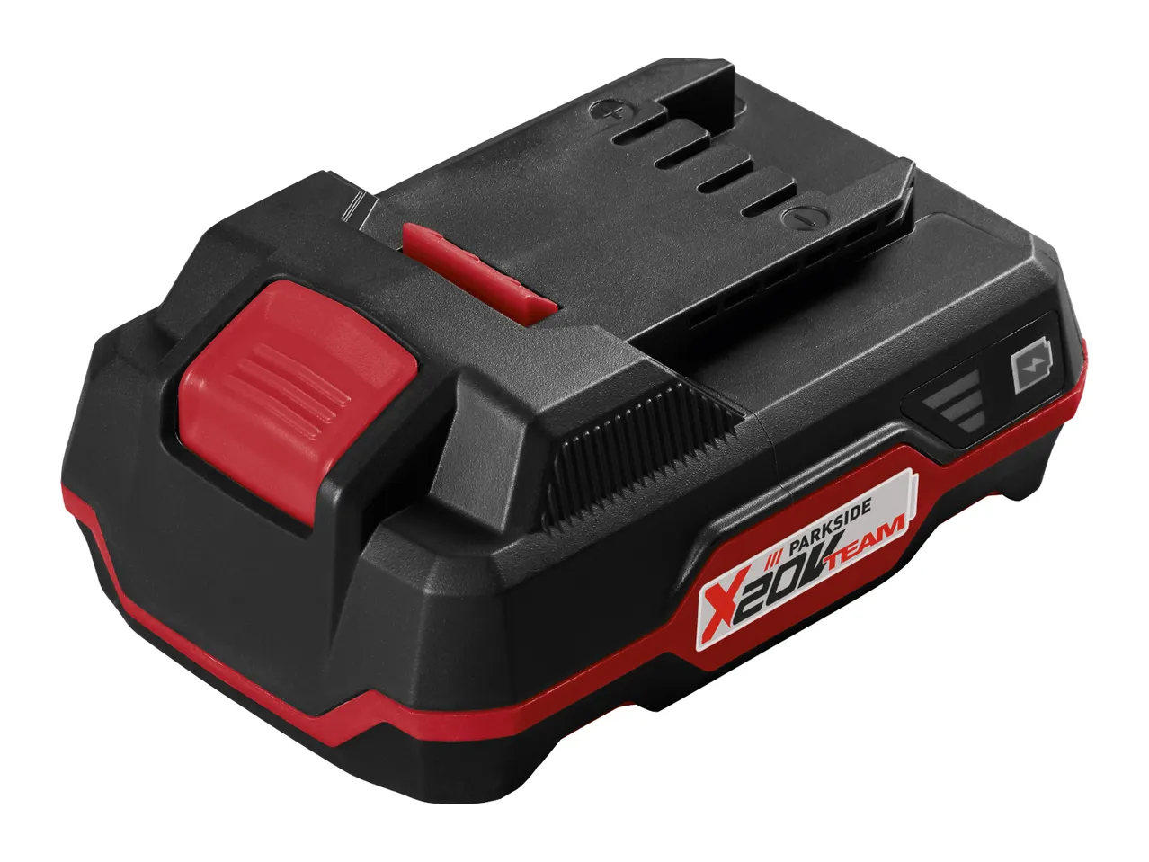Black and red power tool battery with a charge indicator and release buttons.
