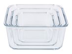 Set of three clear glass square food storage containers, nested inside each other.