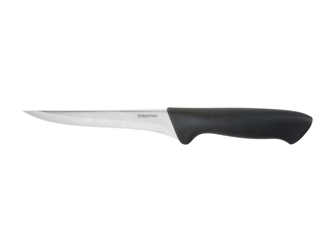 A stainless steel paring knife with a black ergonomic handle.