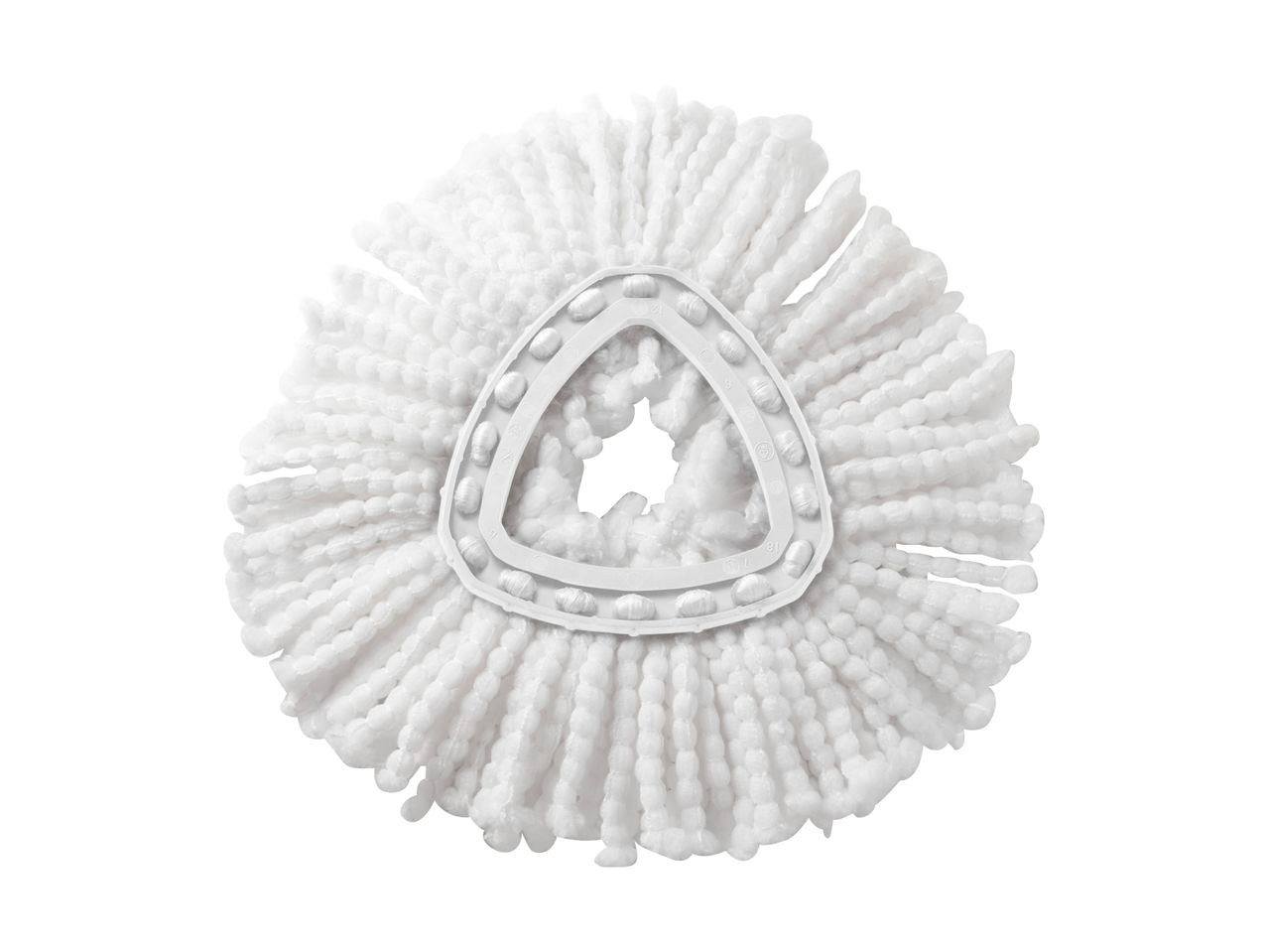 Hvid moppehoved med mikrofiberstrenge og trekantet plastikbase.