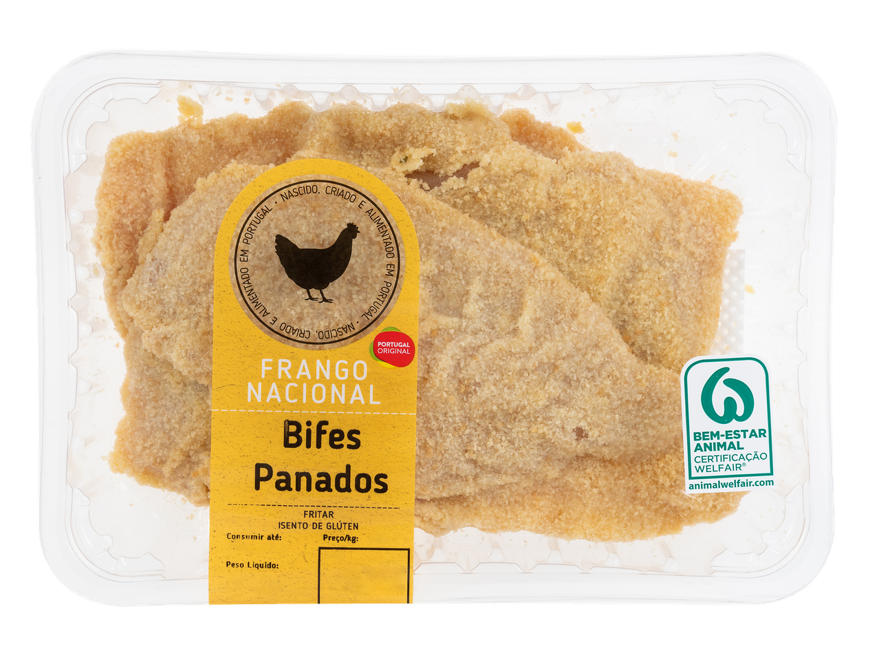 Embalagem de Bifes de Frango Panados com rótulo amarelo indicando 'Frango Nacional' e certificação de bem-estar animal.