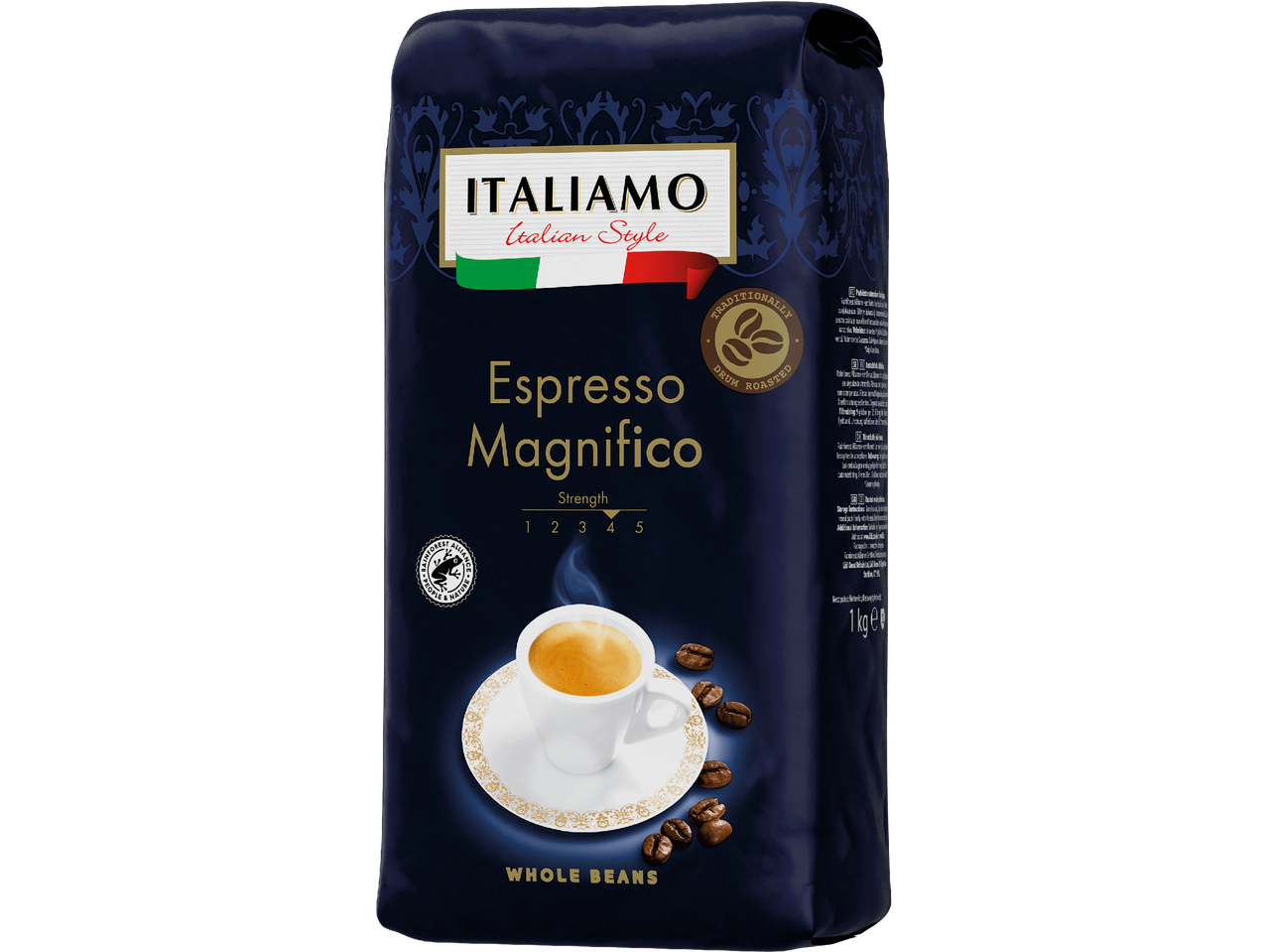 En påse ItaliAMO Espresso Magnifico hela kaffebönor med en kopp espresso.