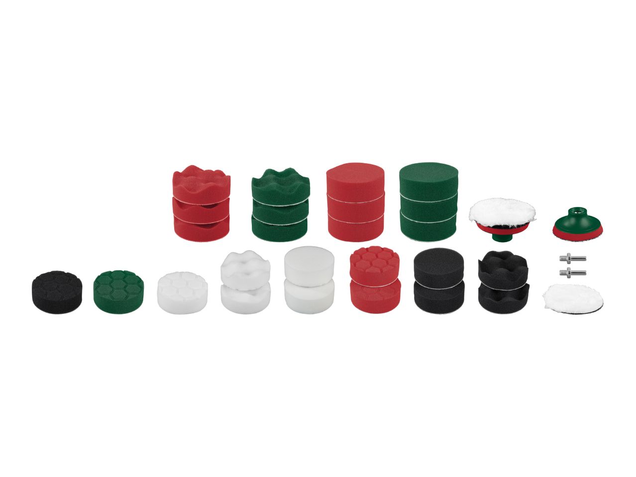Assortment of car polishing sponges and pads in various colors and textures.