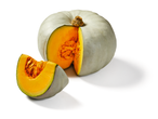 Pompoen met een uitgesneden plak, die het oranje vruchtvlees en de zaden toont.