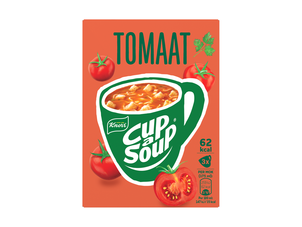 Verpakking voor tomatensoep met een kop soep, tomaten en peterselie, met 62 kcal per portie.