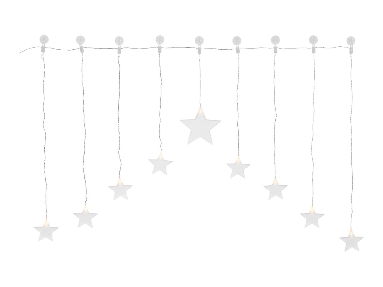Star-shaped LED string lights with suction cups, ideal for festive window decoration.
