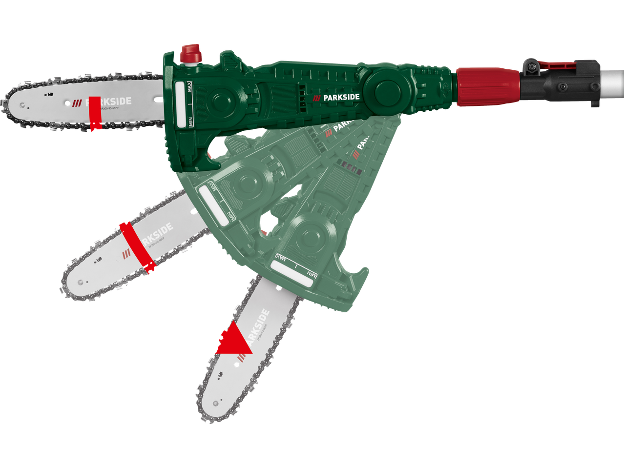 Green pruning saw with two transparent saws and one opaque saw.