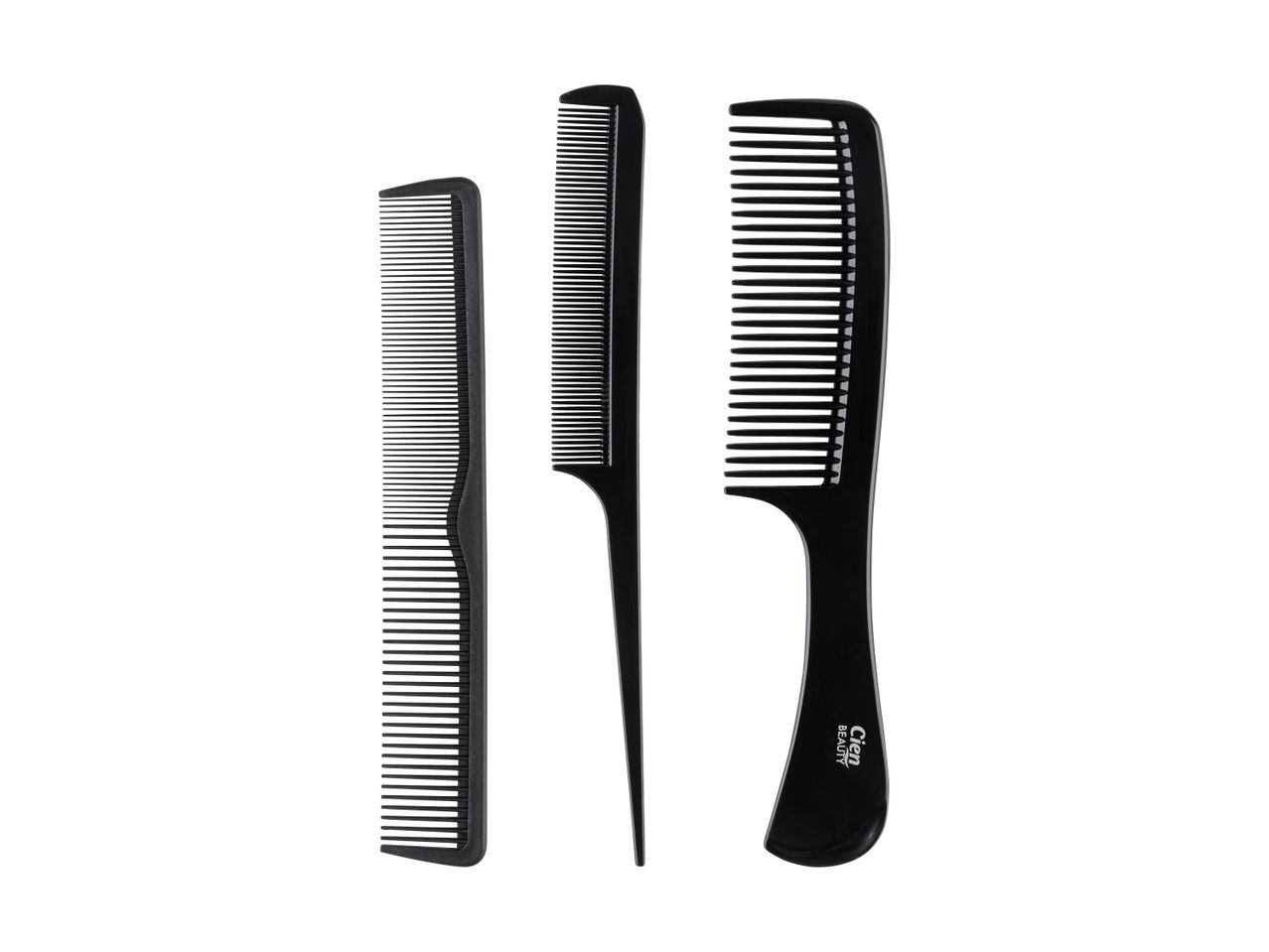Three black hair combs of varying sizes and styles, including a tail comb, on a white background.