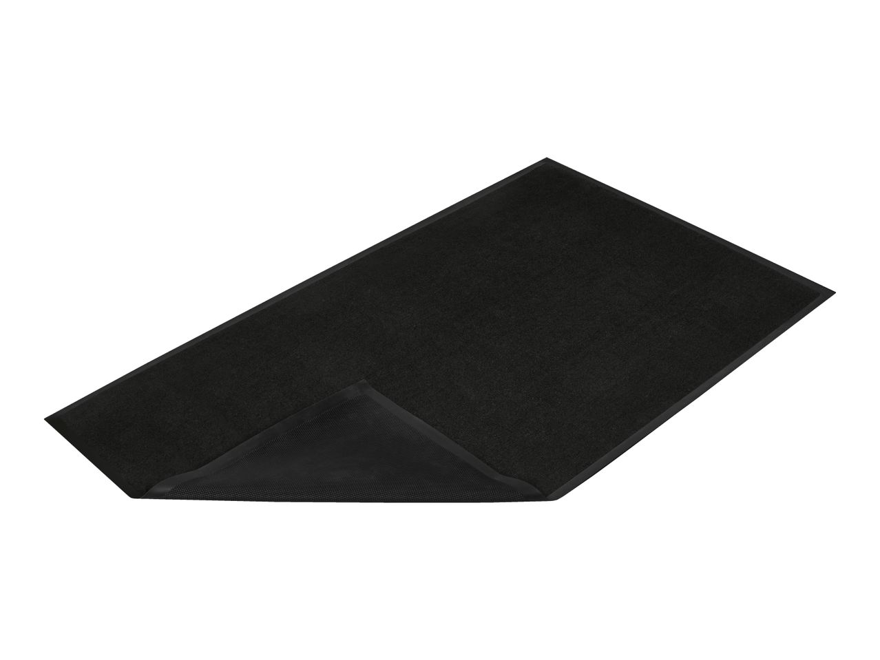 Black rectangular doormat with a non-slip backing shown folded back at one corner