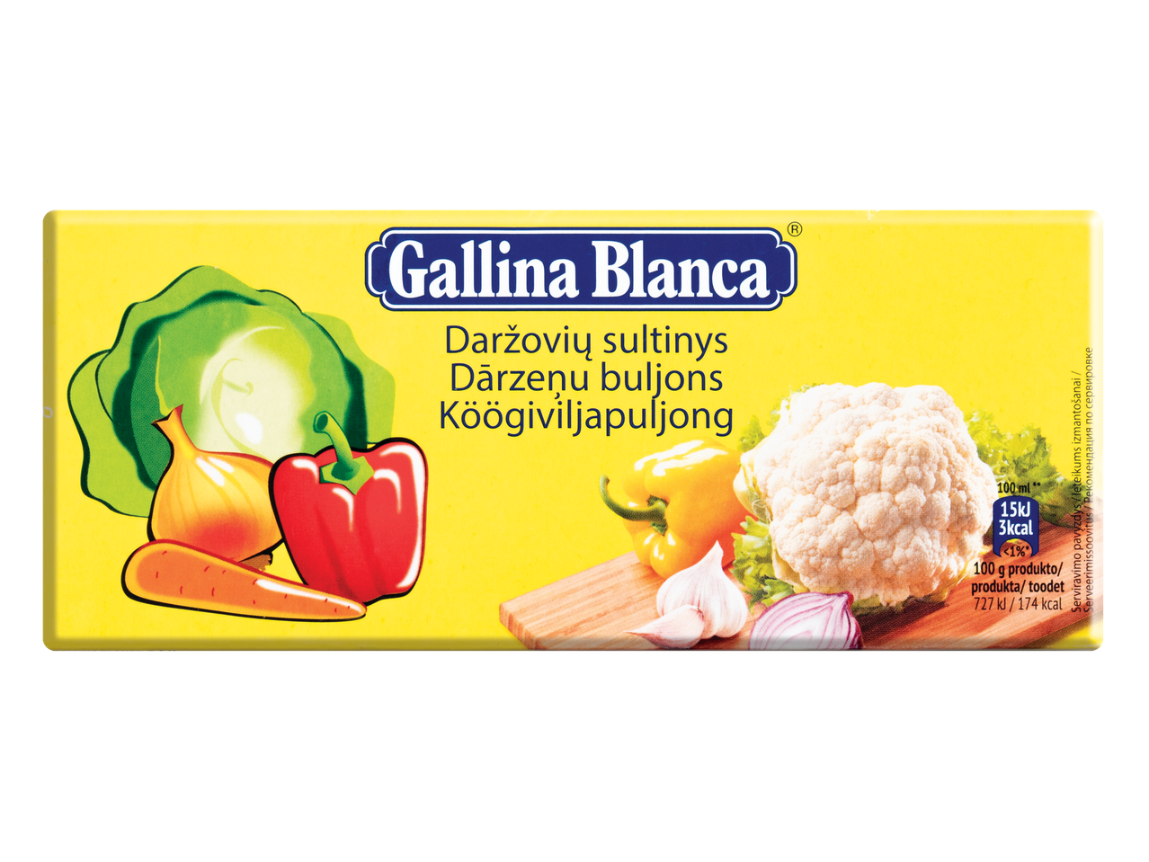 Gallina Blanca daržovių sultinys su kopūstais, morkomis, paprikomis ir žiediniais kopūstais.