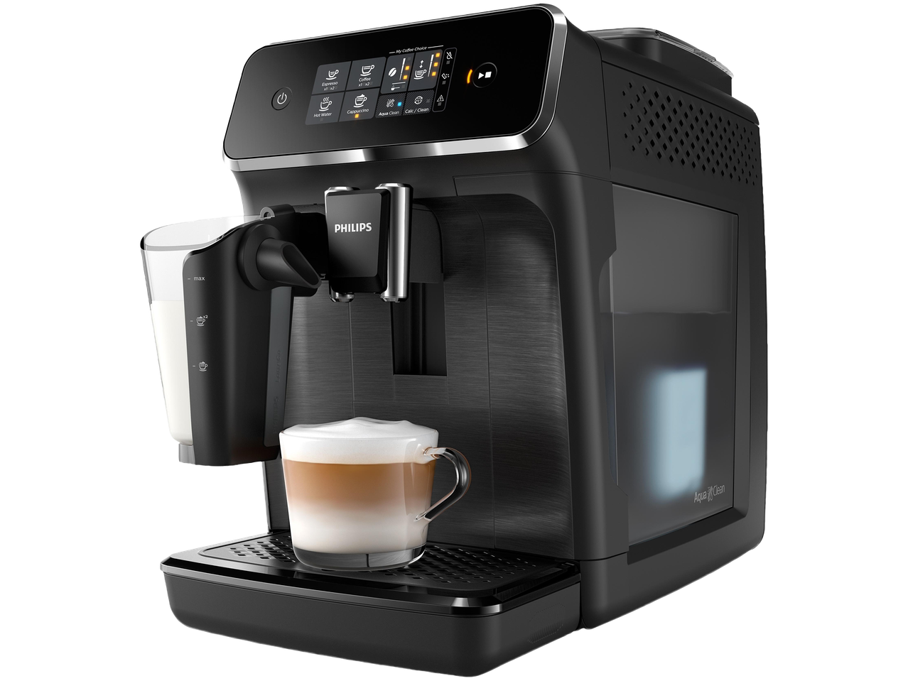 Fekete automata kávéfőző tejhabosítóval és egy csésze lattéval.