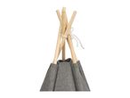 Top part of a children's teepee tent with wooden poles tied together and grey fabric.
