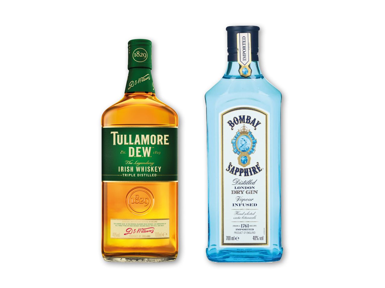 En flaske irsk whiskey og en flaske London Dry Gin.