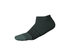 A single dark green ankle sock with black stripes on the foot.