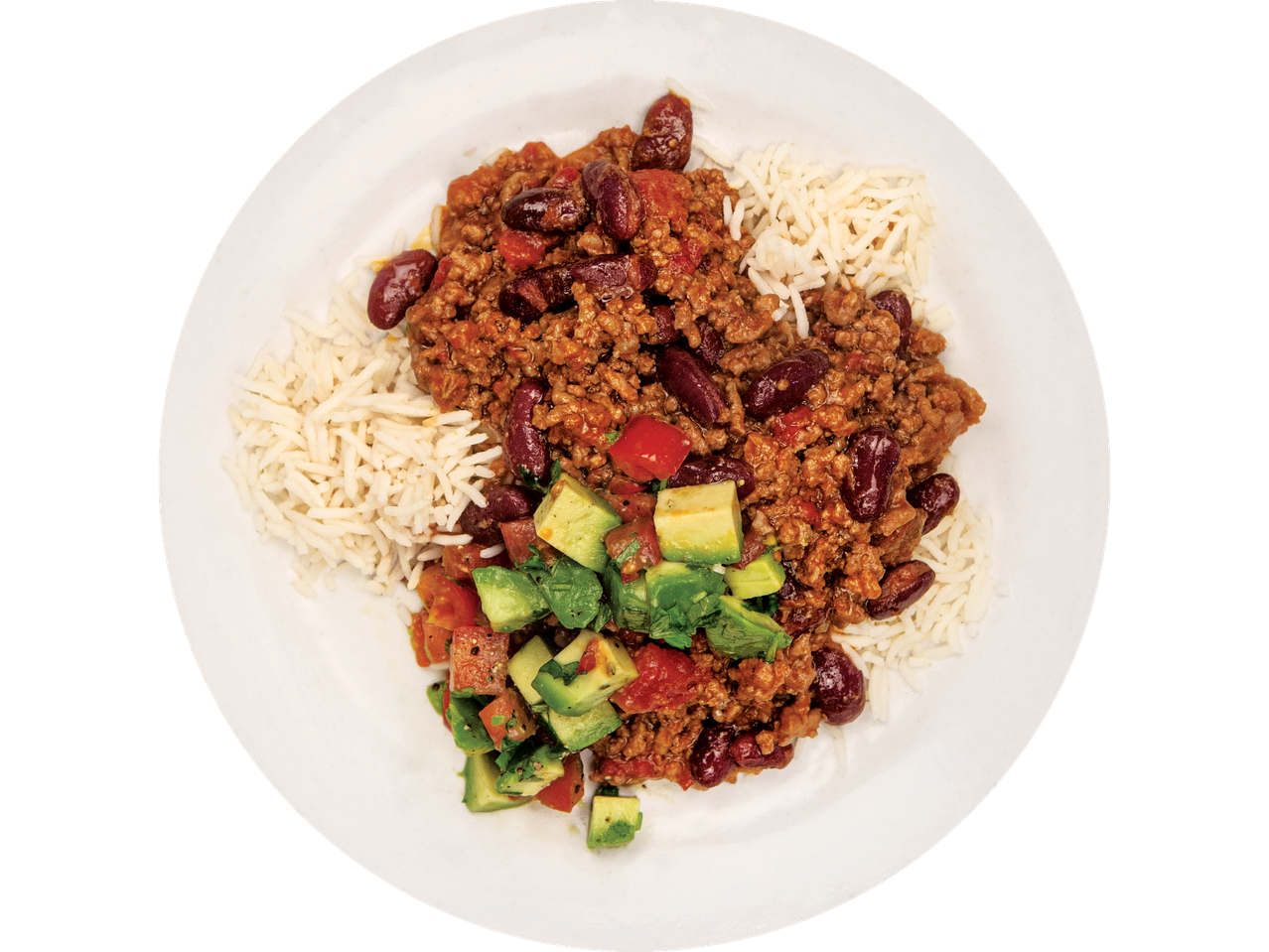 A plate of chili con carne with rice and avocado salsa.