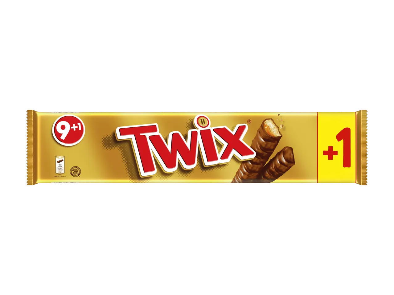 Emballage de barre chocolatée Twix avec offres « 9+1 » et « +1 »