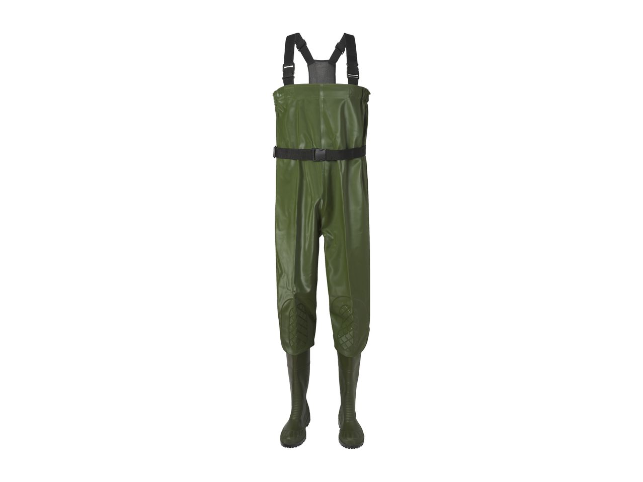 Green fishing waders with black suspenders and belt